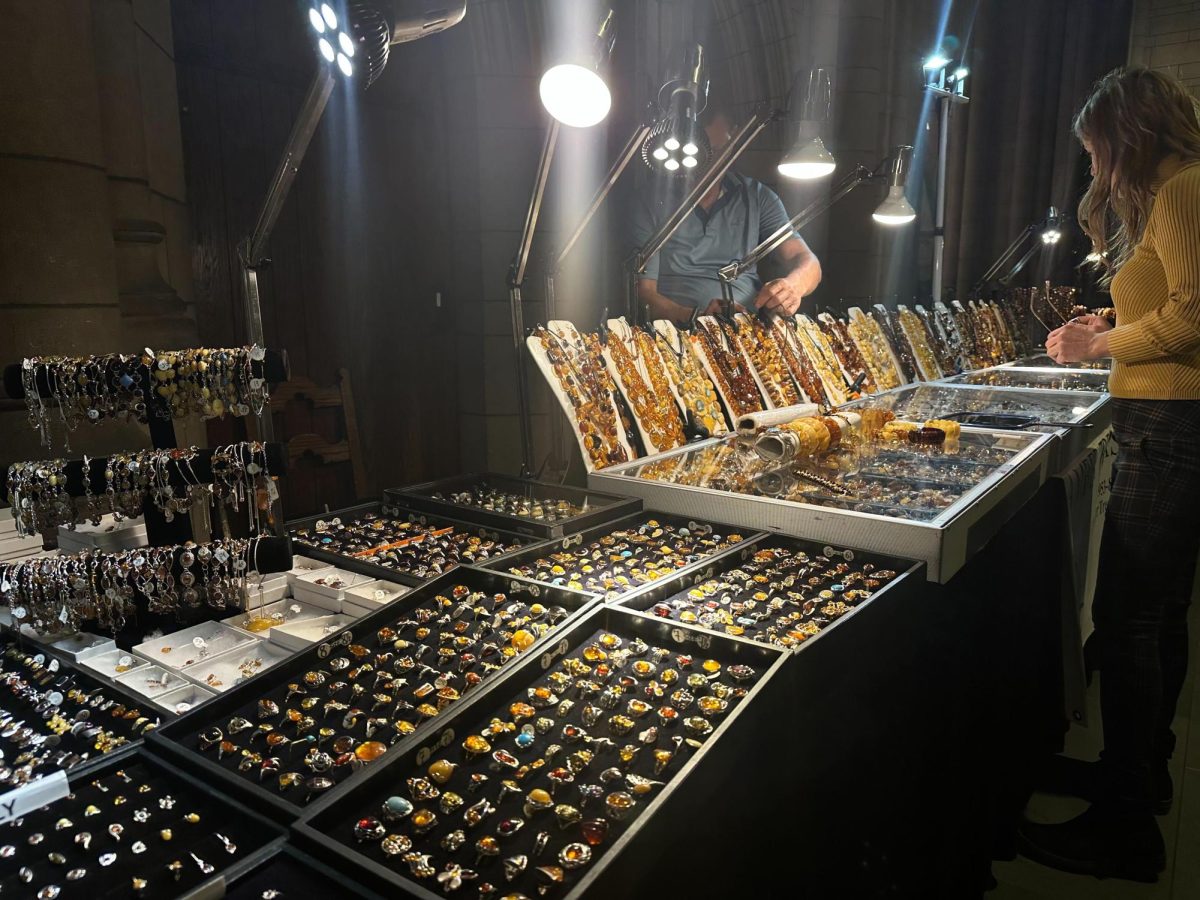 A table of jewelry is displayed during PolishFest this Sunday in the Cathedral of Learning. 