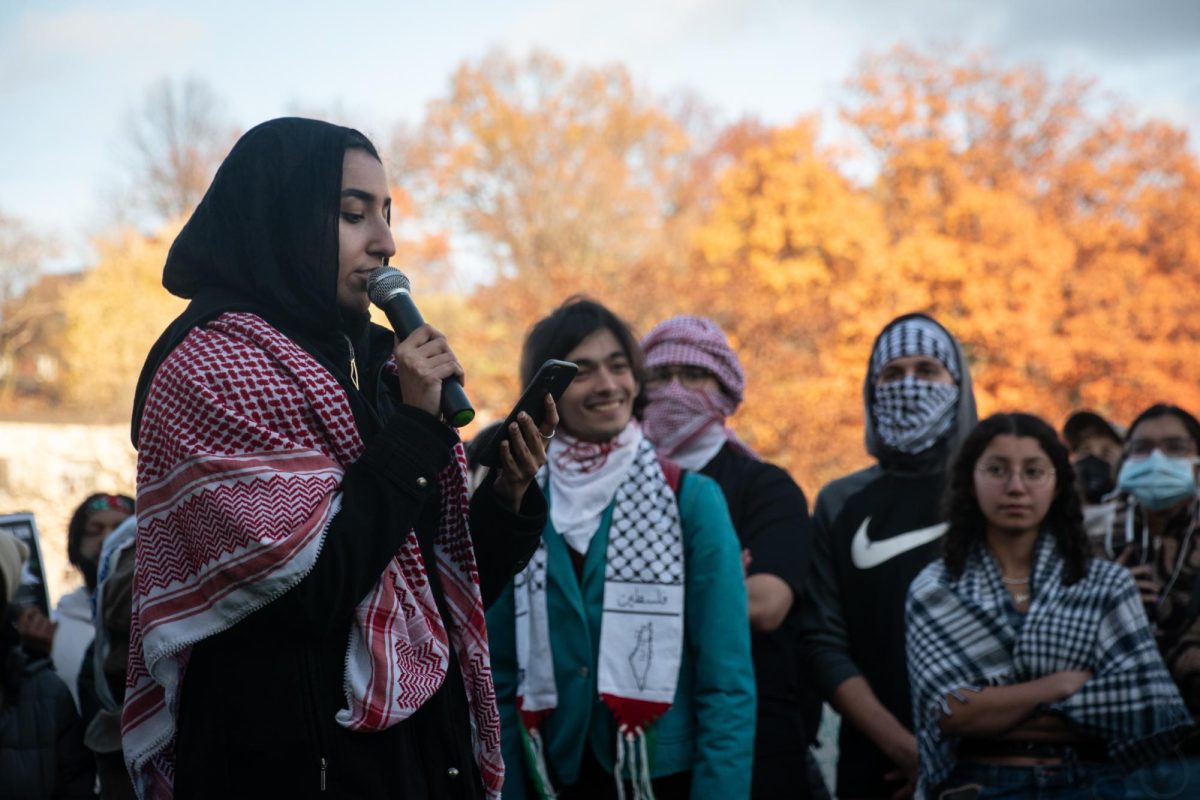 Deena Eldaour, an organizer of the rally, speaks at the protest calling for an immediate end to the siege on Gaza on CMU’s campus on Thursday afternoon. 
