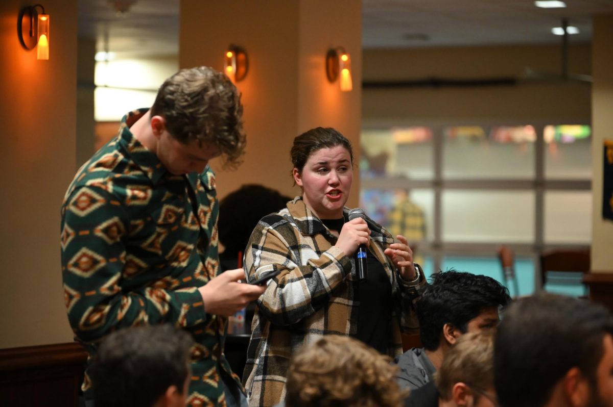 A student speaks during the Student Government Board public meeting this Tuesday in Nordy’s Place.