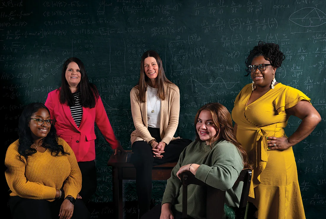Pitt Education’s Michelle Sobolak, Cassie Quigley and Khirsten L. Scott (left to right, top row) pose with students Tyler Gregory and Nina Rorabaugh (left to right, bottom row). 