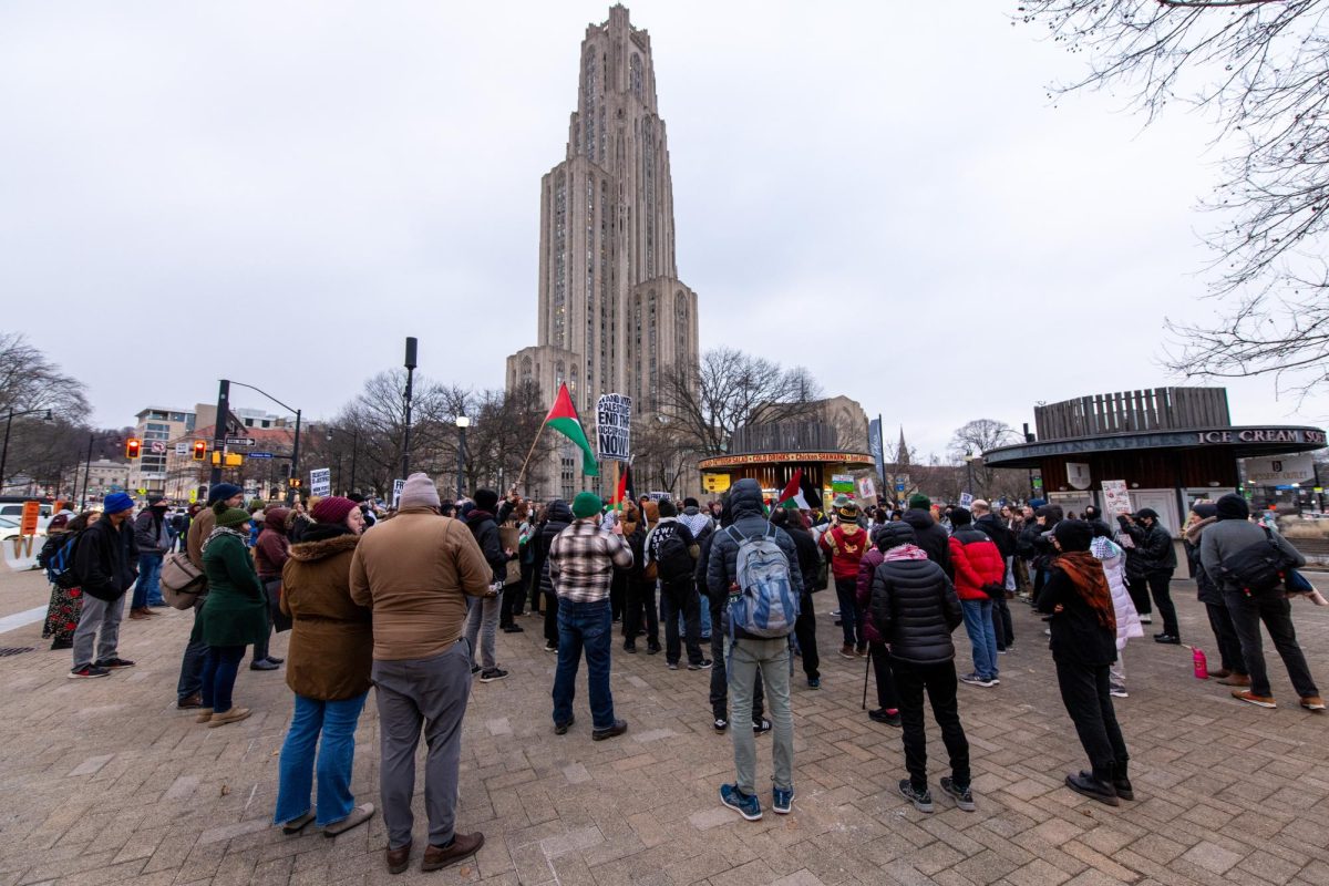 Protesters gather in Schenley Plaza on Tuesday afternoon to protest Israeli military actions in Gaza.