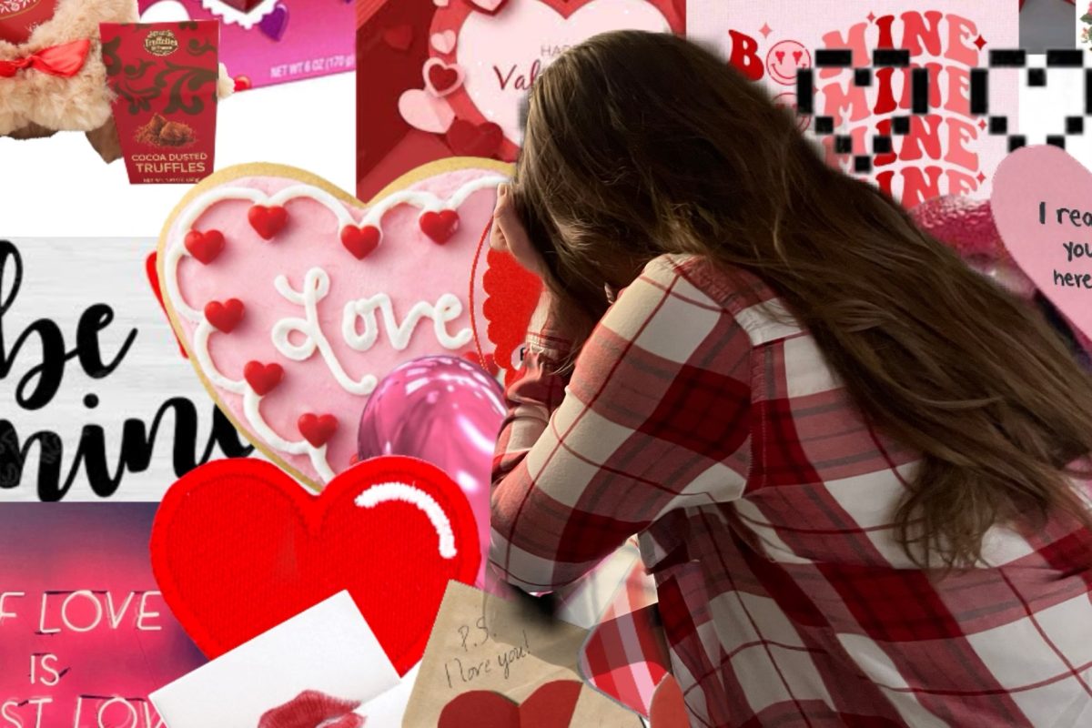 A distraught student with a Valentine’s Day-themed background.