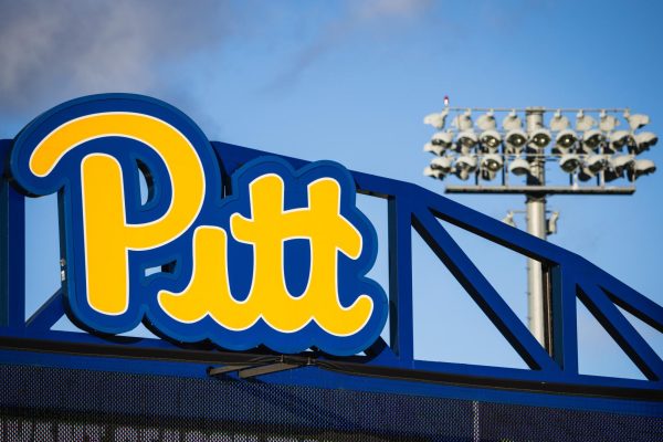 The Pitt logo in the outfield of Vartabedian Field.