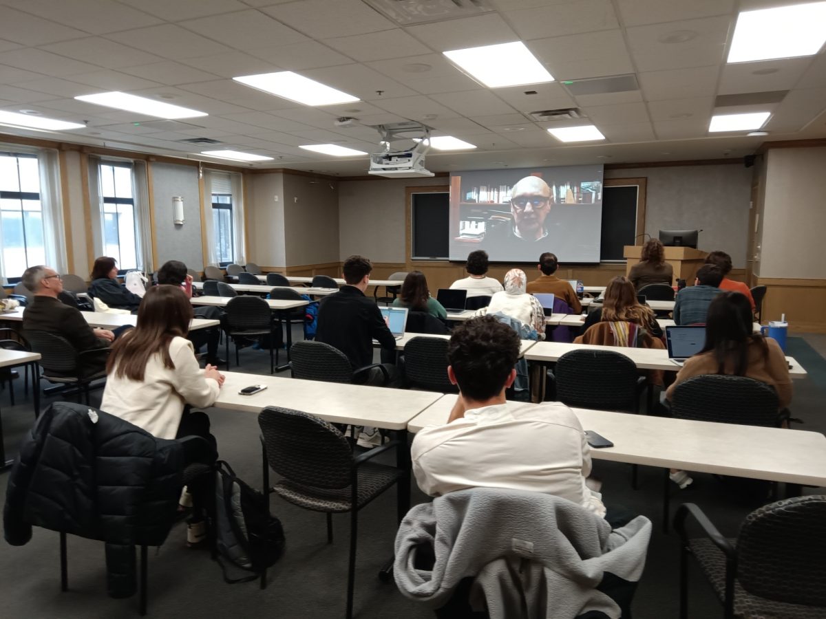 Alessandro Portelli speaks to students over video call during the “Memories of a Massacre: A Dialogue with Alessandro Portelli on the 80th Anniversary of the Fosse Ardeatine in Rome” on Monday afternoon in Sennott Square. 