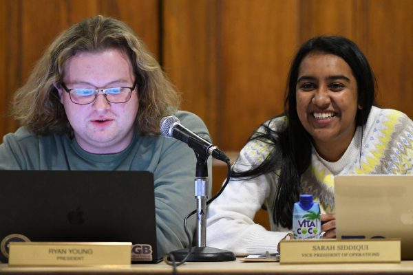 Sarah Siddiqui, vice president of operations, and Ryan Young, president, speak during Tuesday night’s Student Government Board public meeting in Nordy’s Place. 