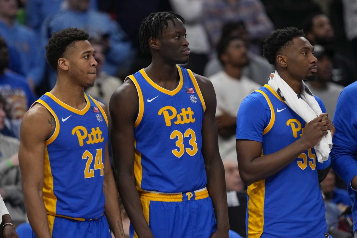 Pitt players William Jeffress (24), Federiko Federiko (33) and Zack Austin (55) at the end of their loss to North Carolina during an NCAA college basketball game in the semifinal round of the Atlantic Coast Conference tournament Friday, March 15, 2024, in Washington.