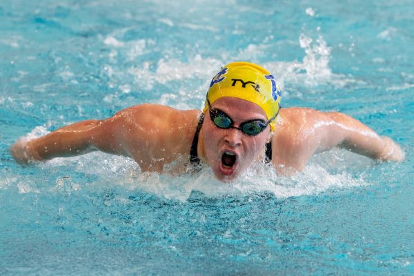 A member of Pitts swimming and diving team goes up for air while swimming during a meet against Army in Trees Hall on Sept 22, 2023.