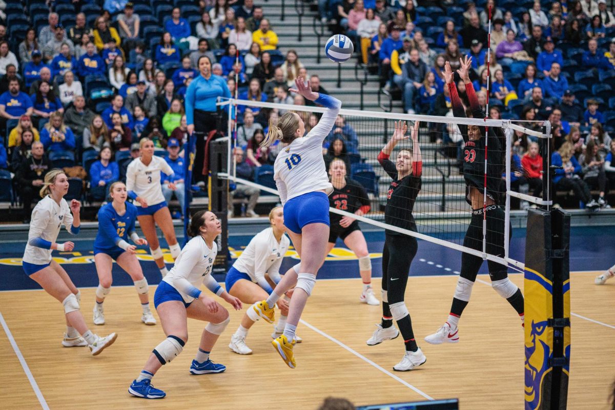 Senior+opposite+hitter+Rachel+Fairbanks+%2810%29+spikes+the+ball+during+Saturday+night%E2%80%99s+game+against+Ohio+State+in+the+Fitzgerald+Field+House.