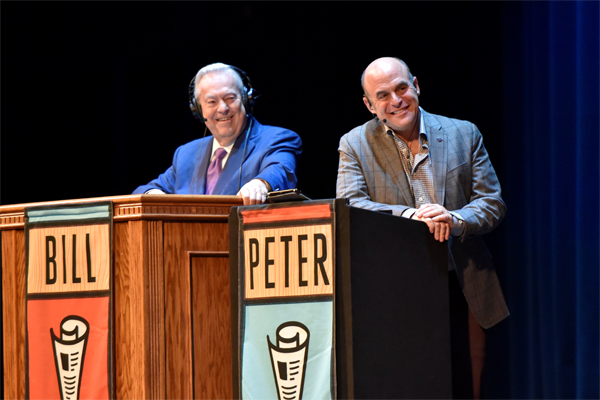 Radio hosts Bill Kurtis and Peter Sagal participate in the comedy news quiz show “Wait Wait … Don’t Tell Me!” presented by National Public Radio.