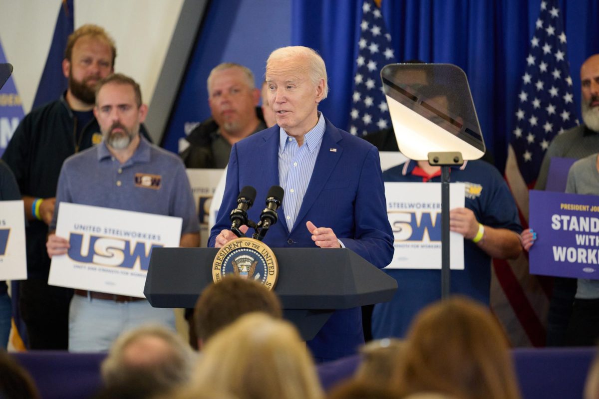 President Joe Biden speaks at the United Steelworkers headquarters in downtown on Wednesday afternoon.