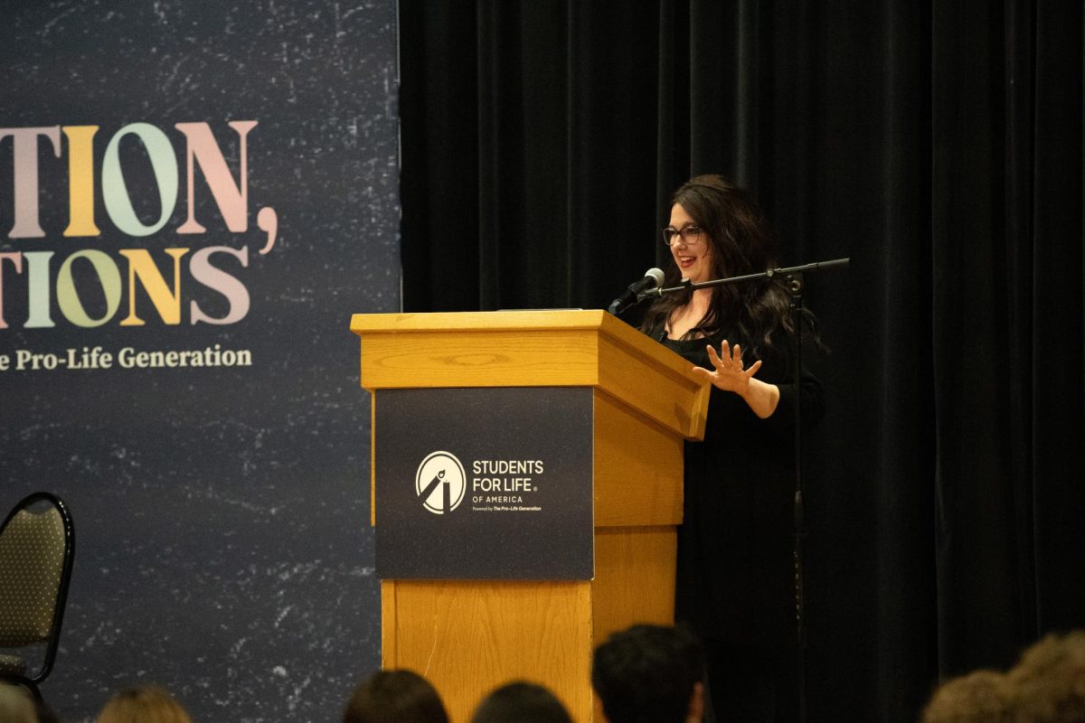 Kristan Hawkins speaks at the Turning Point USA event on Wednesday evening in the OHara Student Center.