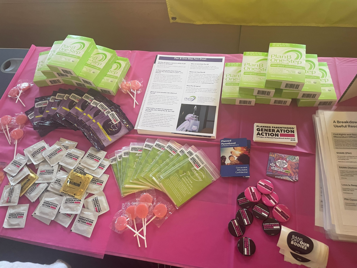 Paraphernalia at Student Government Board’s reproductive health event in response to Turning Point USA speaker Kristin Hawkins in the William Pitt Union on Wednesday afternoon.