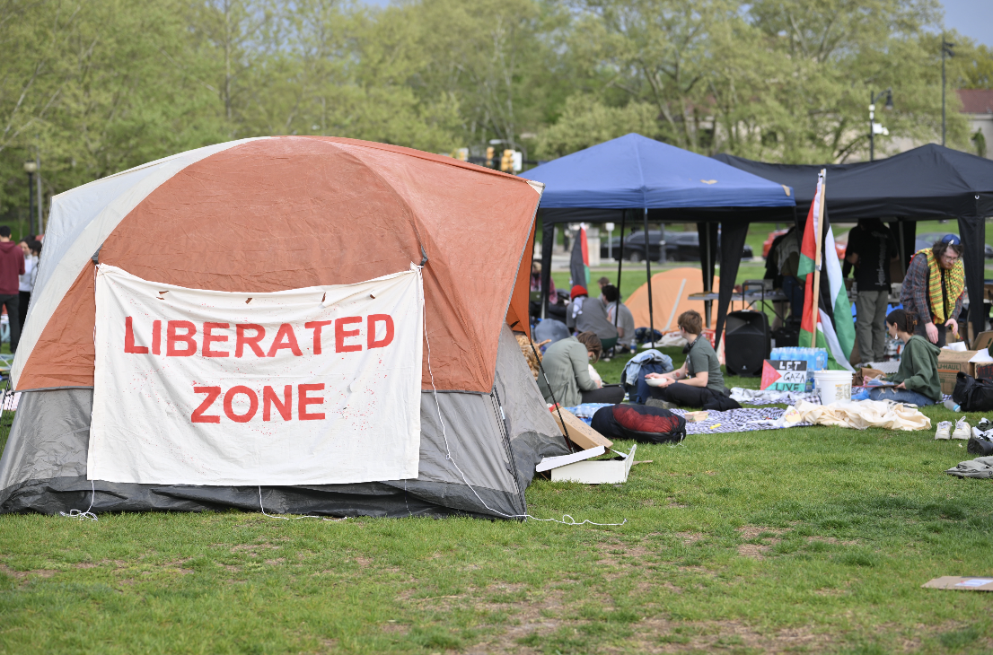 Pro-Palestine students set up a liberated zone in Schenley Plaza on Tuesday. 