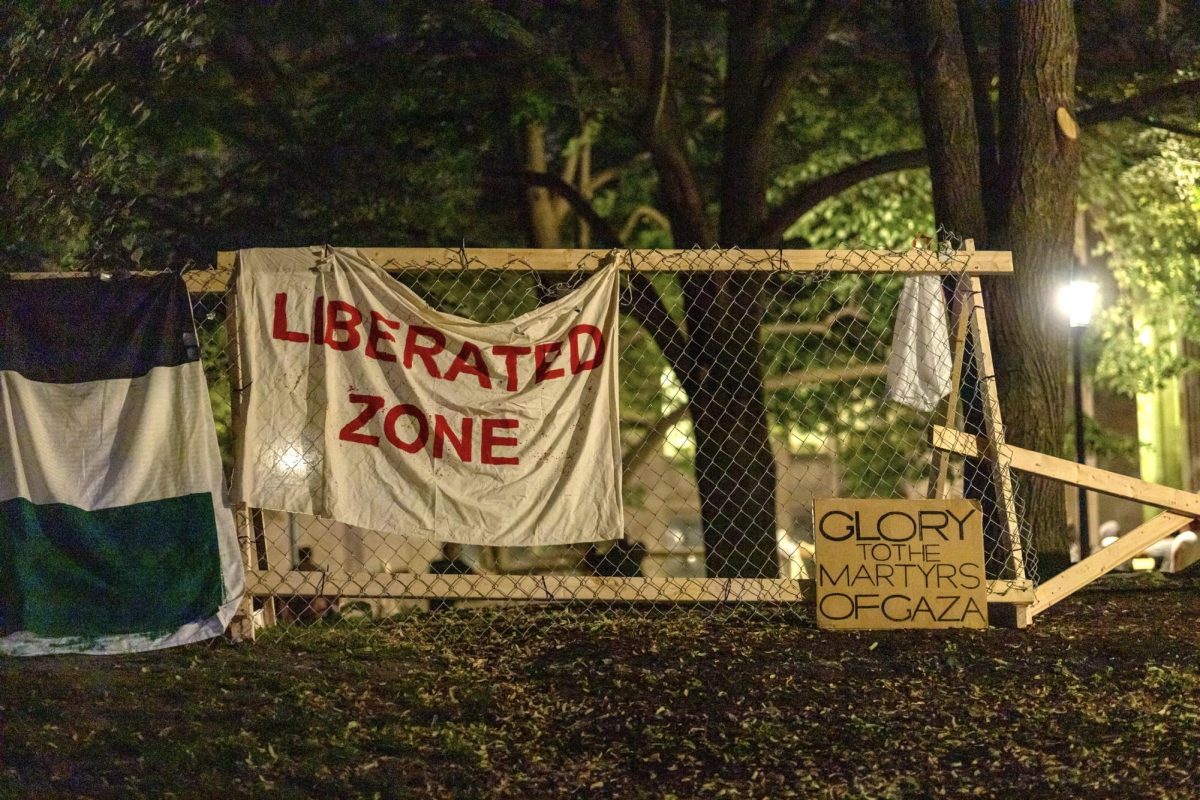 “Liberated Zone” created by protesters at the Palestine Solidarity Encampment on Sunday night.