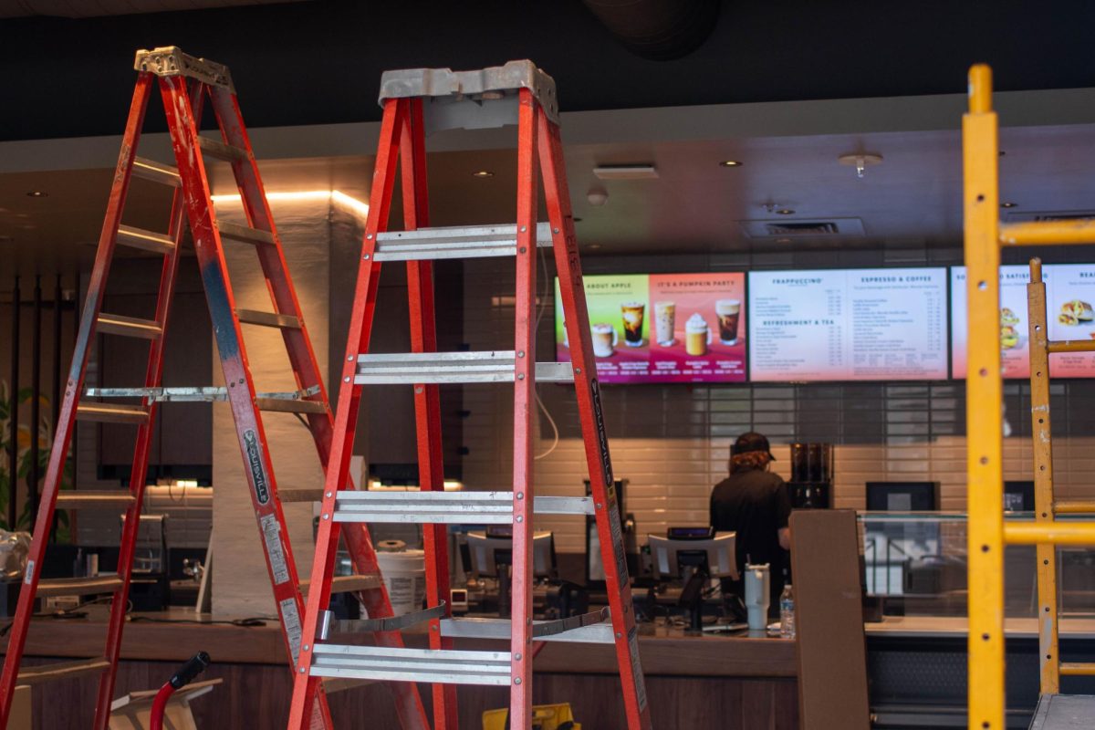 A ladder at the in-progress renovation of the Starbucks at Amos Hall.
