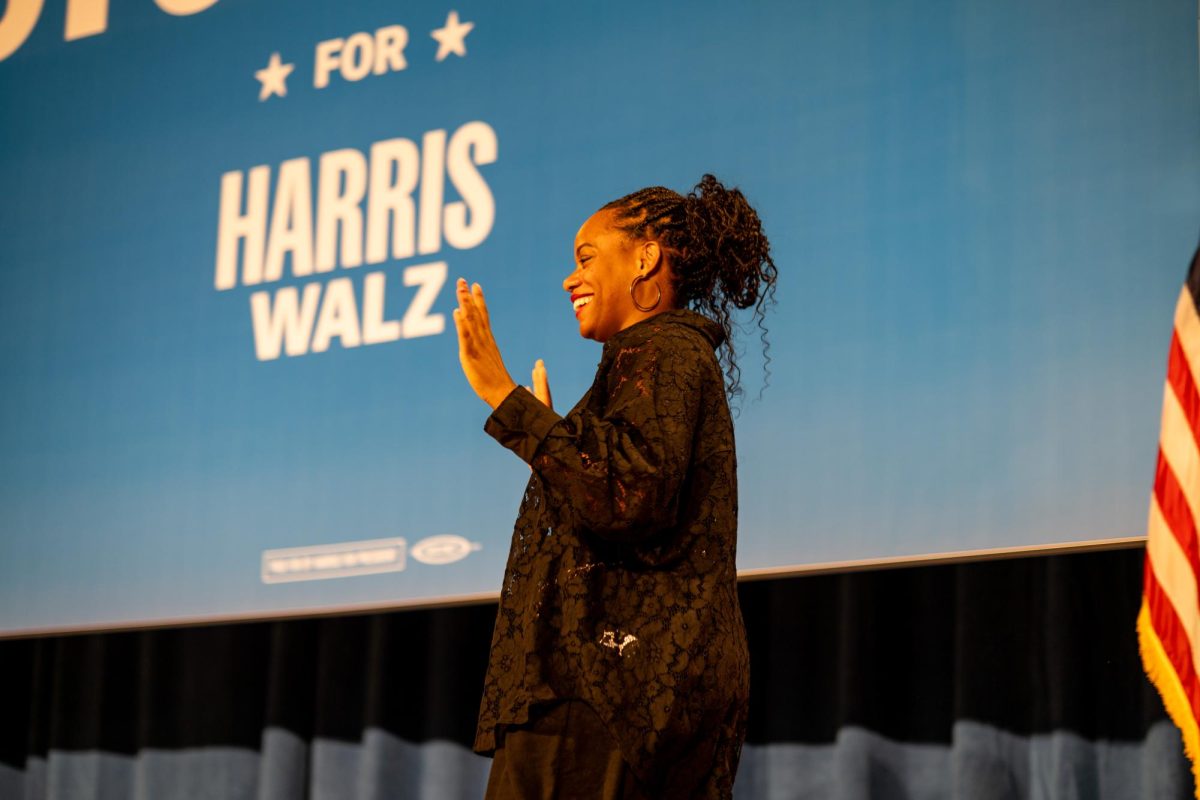 United States Representative Summer Lee greets the crowd at the “Students for Harris-Walz” rally at Carnegie Mellon University on Sunday, September 22.