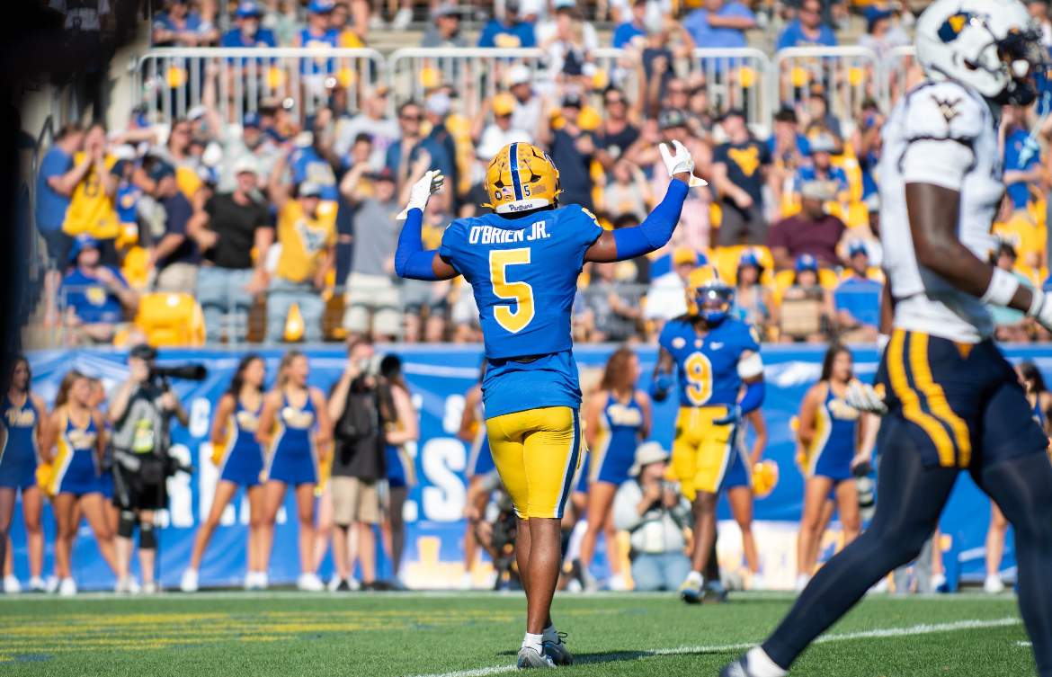 Senior defensive back Phillip O’Brien Jr. (5) celebrates after a play at the the Backyard Brawl at Acrisure Stadium on Saturday. 