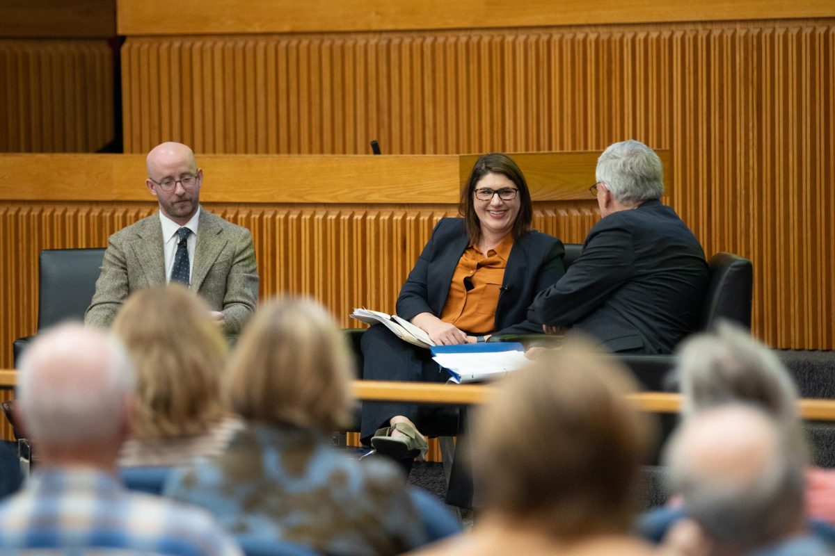 Katelyn Polantz and Brett Murphy engaged in a forum on Supreme Court ethics in the Teplitz Memorial Courtroom on Thursday.
