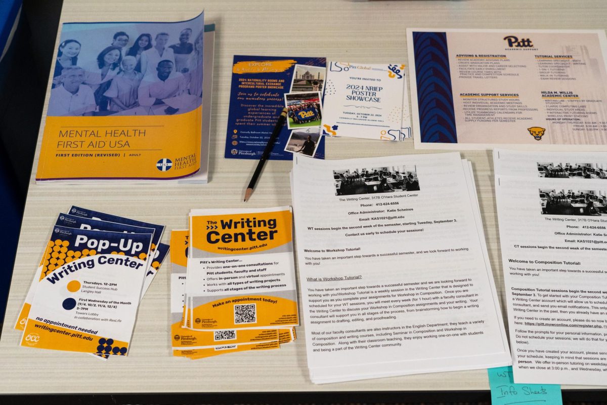 Flyers lay on a table in the Writing Center, located in the O’Hara Student Center.
