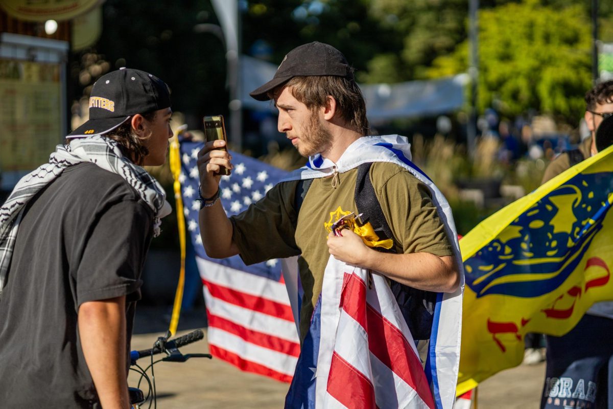 Pro-Israel and pro-Palestine protesters face off during the event at Schenley Plaza on Tuesday.