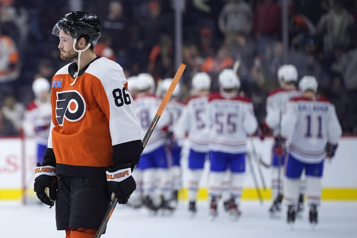 Philadelphia Flyers' Joel Farabee skates after the Flyers lost an NHL hockey game against the Montreal Canadiens, Sunday, Oct. 27, 2024, in Philadelphia.