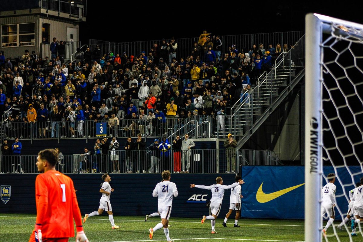 Pitt men's soccer celebrates a goal during its game against Denver on Monday.