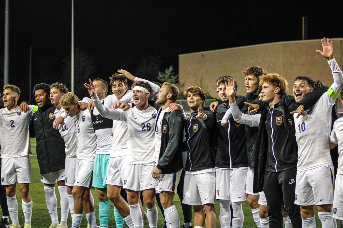 Pitt men's soccer celebrates after defeating Dever on Monday.