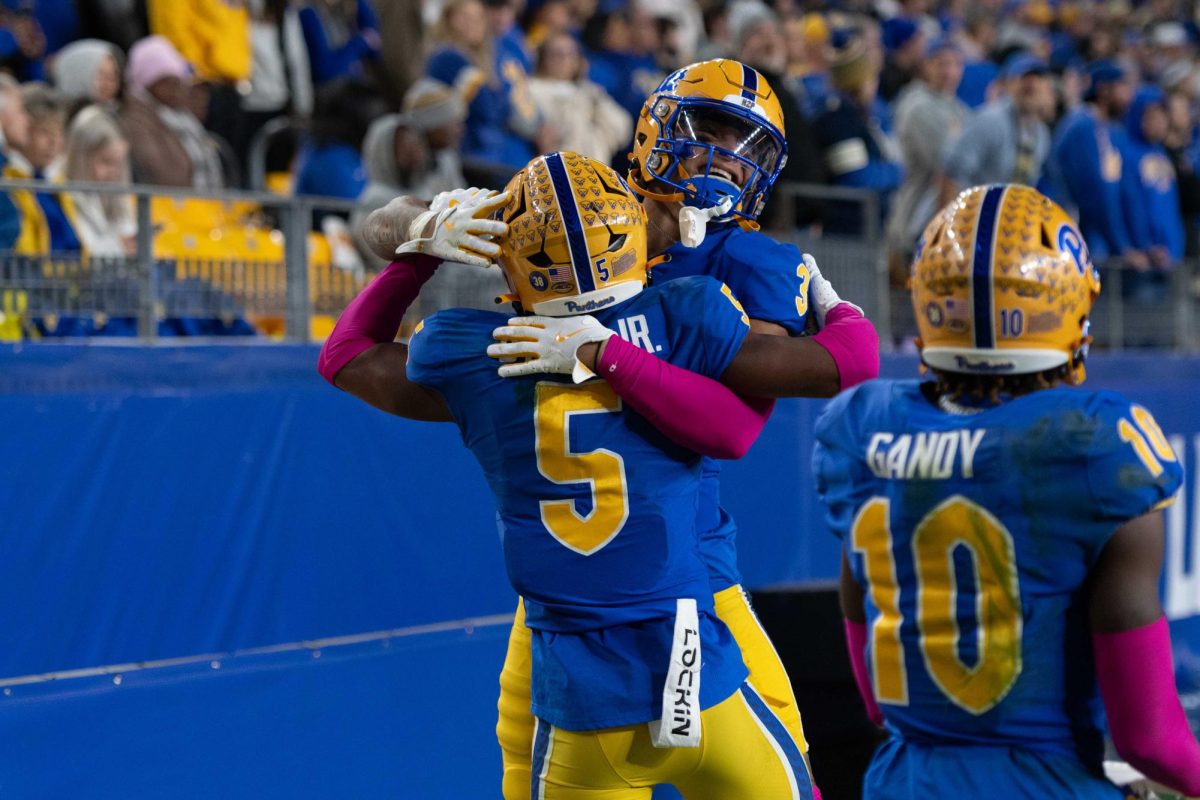 Pitt football celebrates at the football game against Syracuse in Acrisure Stadium on Thursday, Oct. 24.