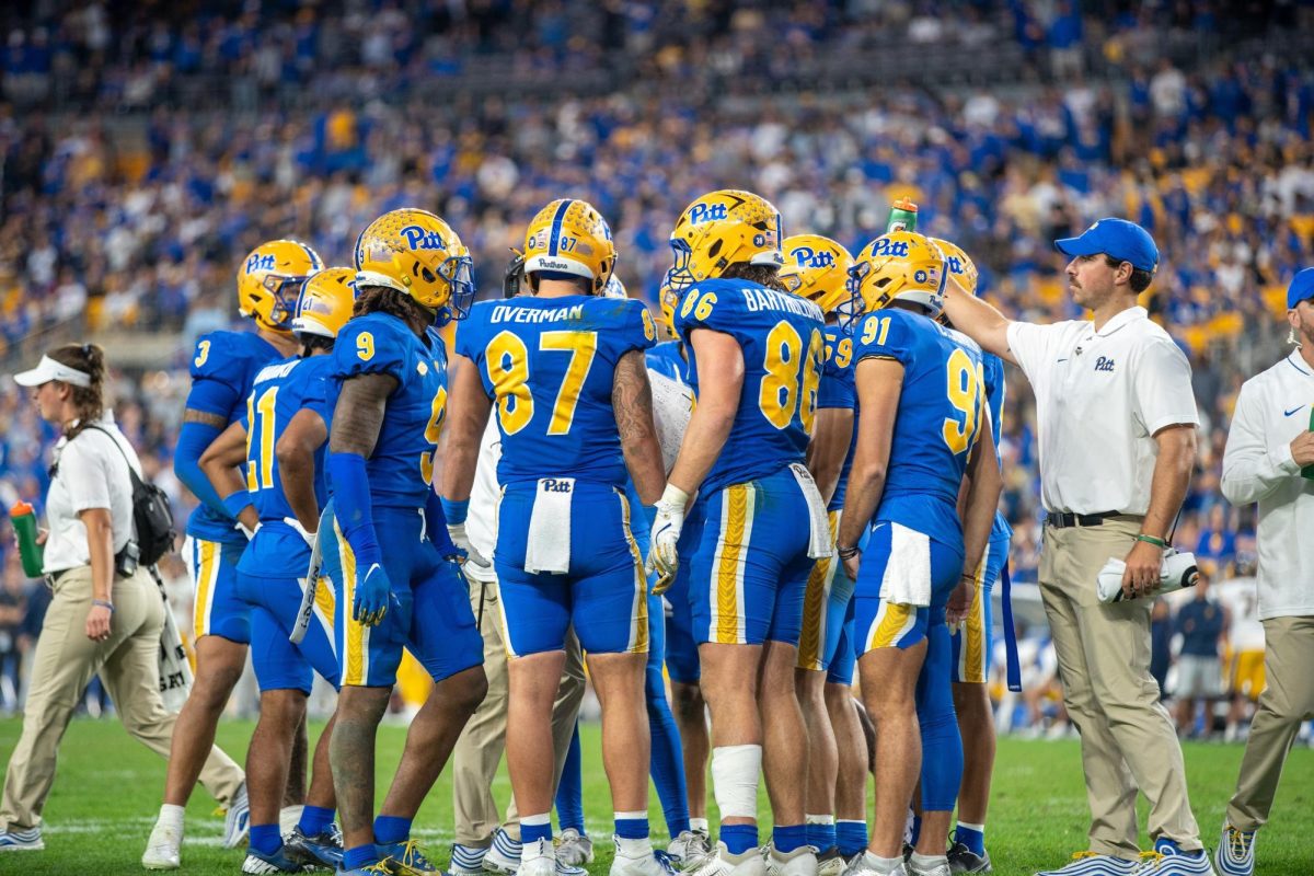 Pitt football strategizes at the football game against Cal at Acrisure Stadium on Saturday, Oct. 12.
