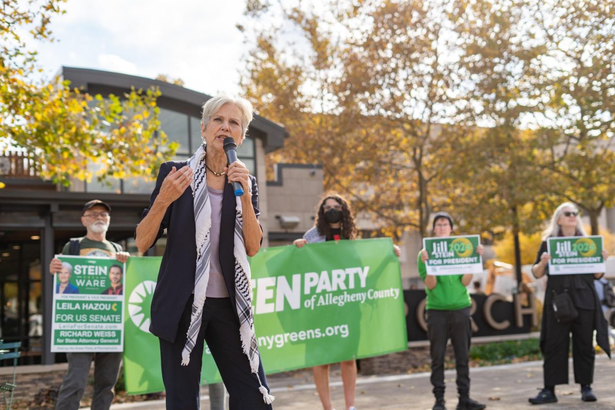 Jill Stein speaks to attendees at her rally in Schenley Plaza on Thursday, Oct. 31.