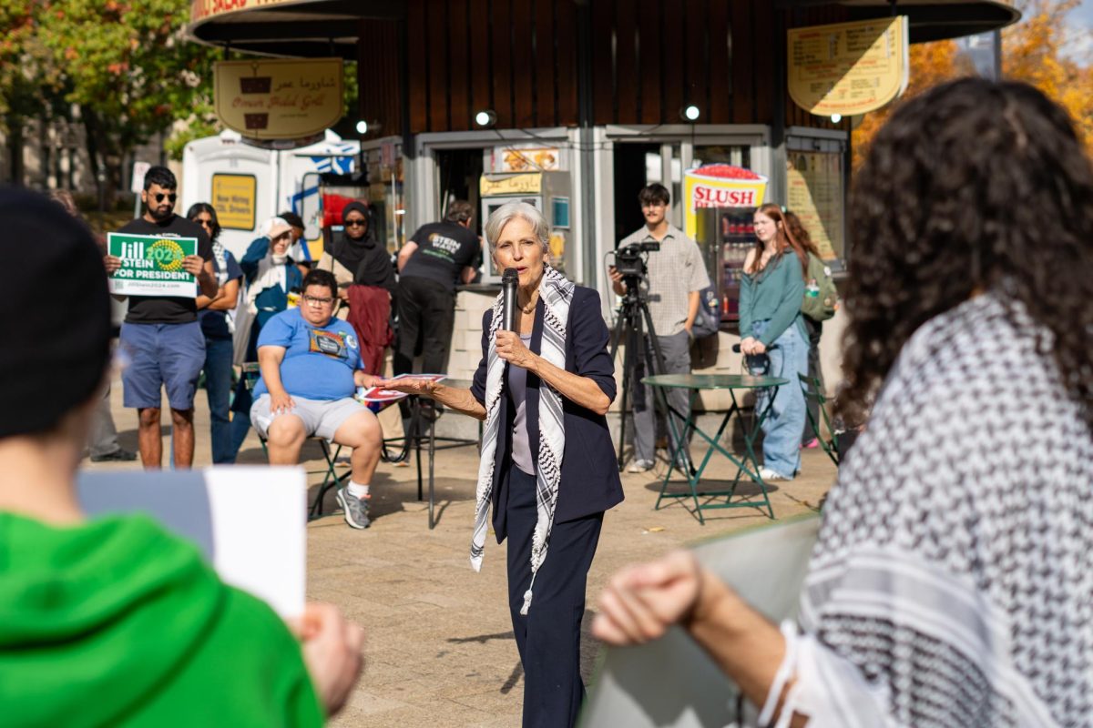 Jill Stein speaks to attendees at her rally in Schenley Plaza on Thursday, Oct. 31.