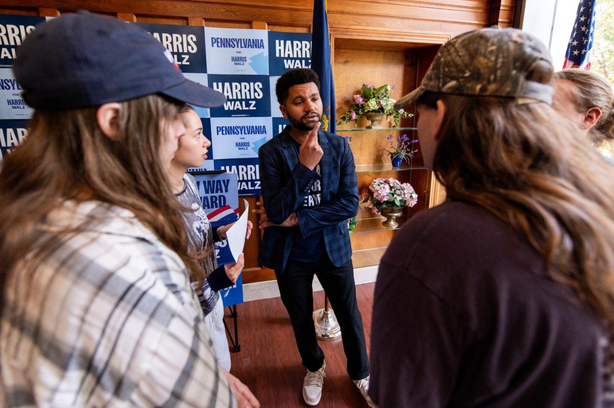 Florida Congressman Maxwell Frost speaks to members of the Pitt College Democrats at the Allegheny County Democratic Committee office on Wednesday, Oct. 23, 2024.