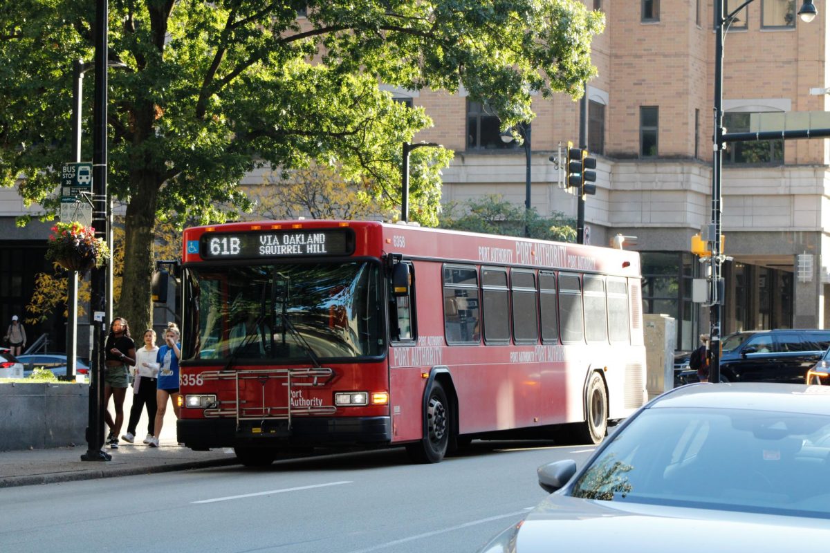 A 61B bus at a stop on Forbes Avenue. 
