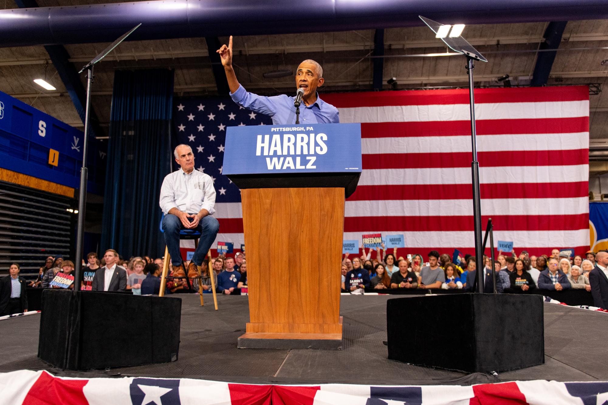 Former president Barack Obama speaks at a Harris-Walz campaign event in the Fitzgerald Field House on Thursday.
