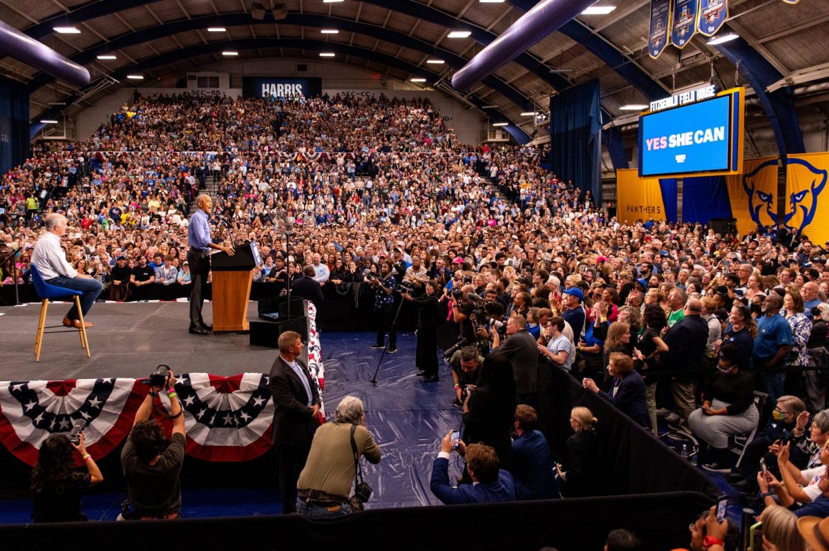 Former President Barack Obama speaks at the Harris-Walz campaign event in the Fitzgerald Field House on Thursday Oct. 10.