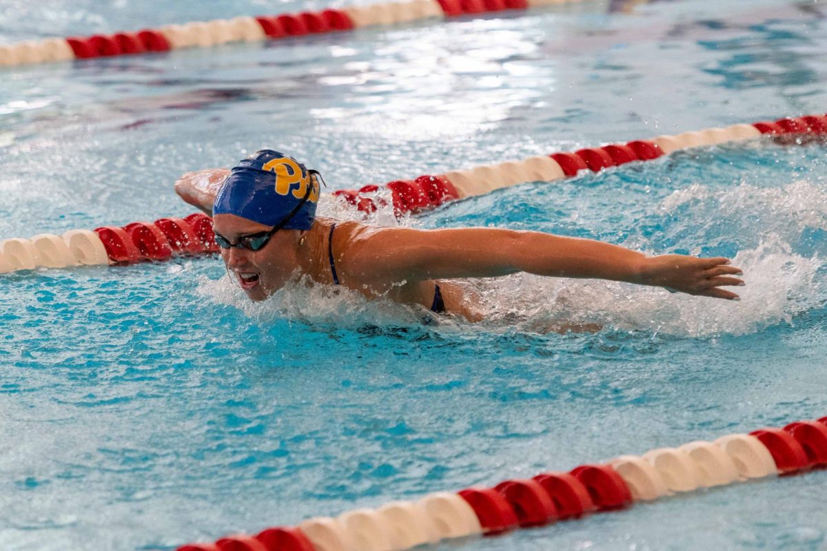 A Pitt swimmer races against Carnegie Mellon on Saturday.