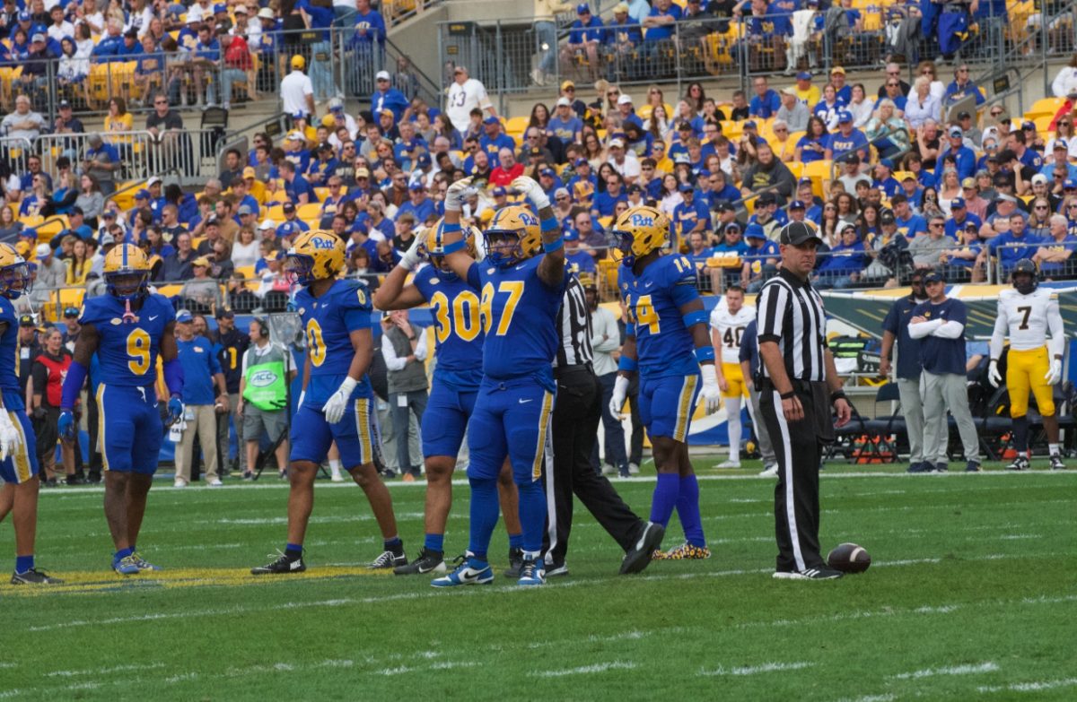 Pitt football hypes up the crowd at the football gamer against Cal at Acrisure stadium on Saturday, Oct. 12.
