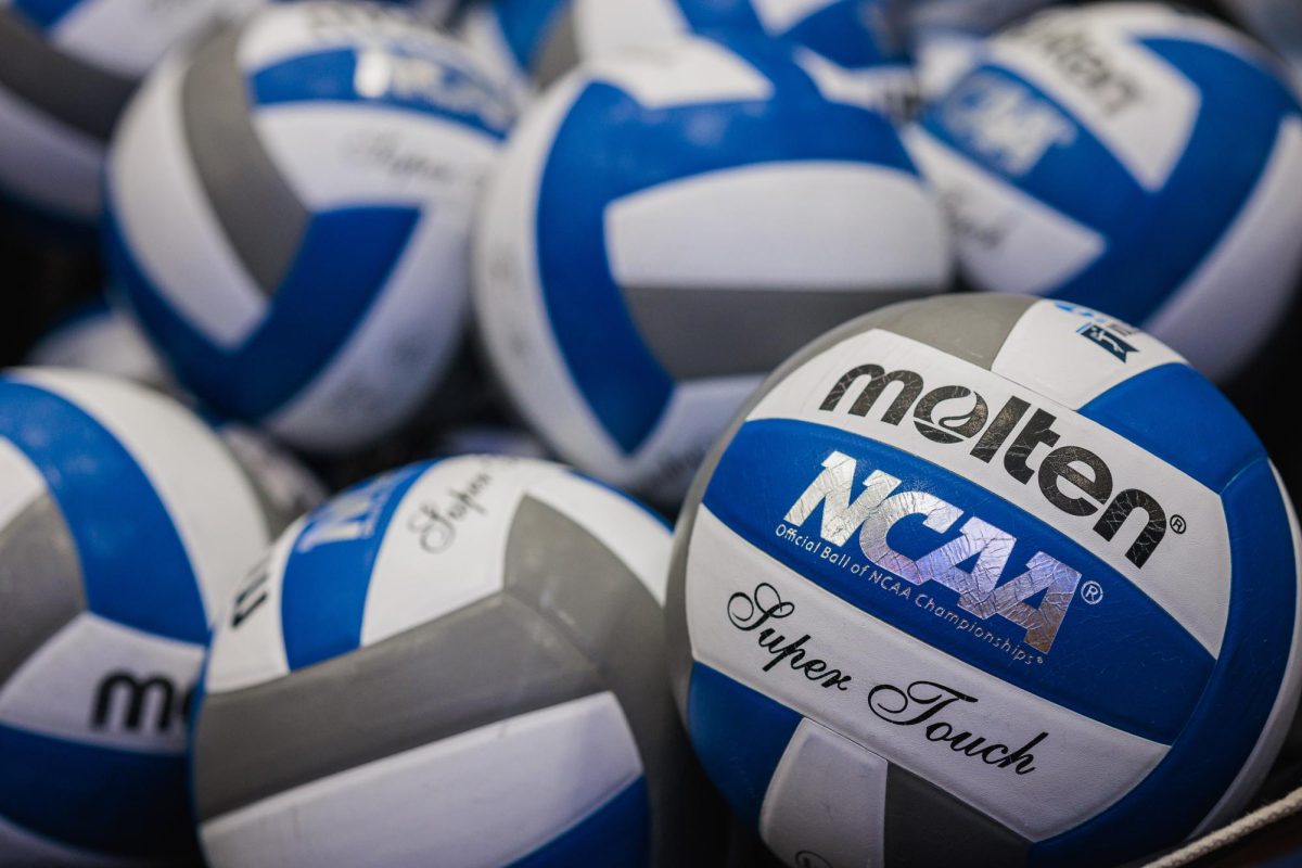 Volleyballs in a cart at the Fitzgerald Field House.