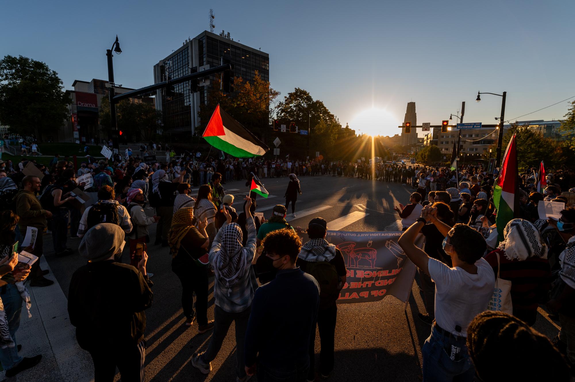 Protesters gather around an intersection on CMU’s campus on Thursday, Oct. 3.