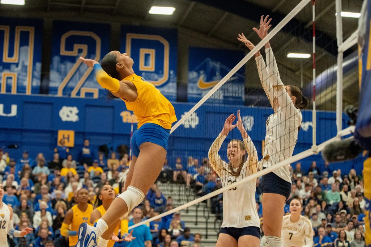 Sophomore right-side hitter Olivia Babcock (5) prepares to hit the ball at the volleyball game against Notre Dame in the Fitzgerald Field House on Sunday, Oct. 27.