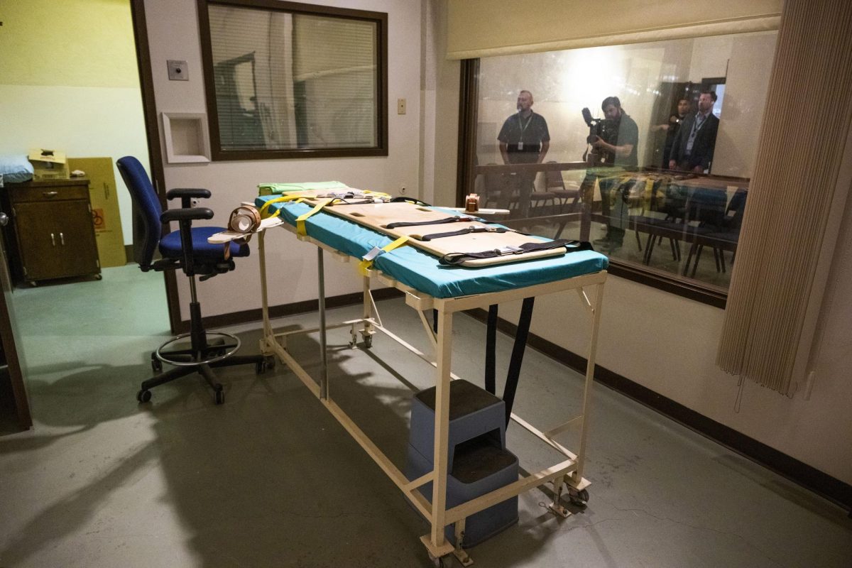 Members of the media tour the death chamber before its closure at the Washington State Penitentiary in Walla Walla, Washington, Wednesday, Sept. 18, 2024.