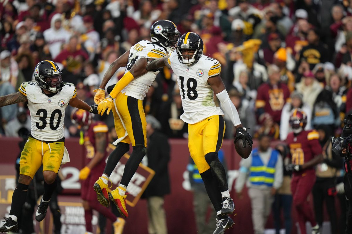 Pittsburgh Steelers wide receiver Mike Williams (18) celebrates his 32-yard touchdown reception with teammate wide receiver George Pickens (14) during the second half of an NFL football game against the Washington Commanders, Sunday, Nov. 10, 2024, in Landover, Md. (AP Photo/Stephanie Scarbrough)