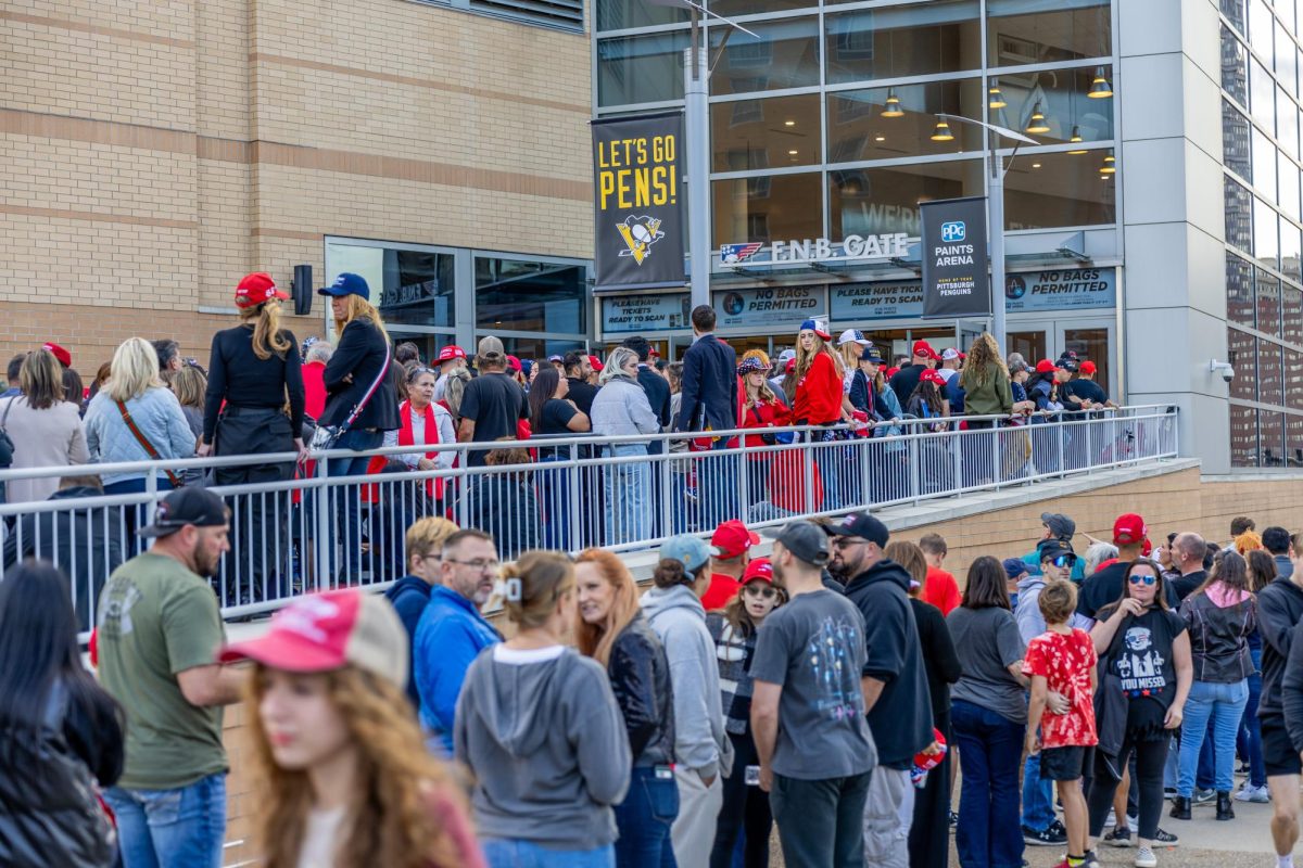 Trump supporters line up outside PPG Arena prior to former President Trump’s rally on Nov. 4, 2024.