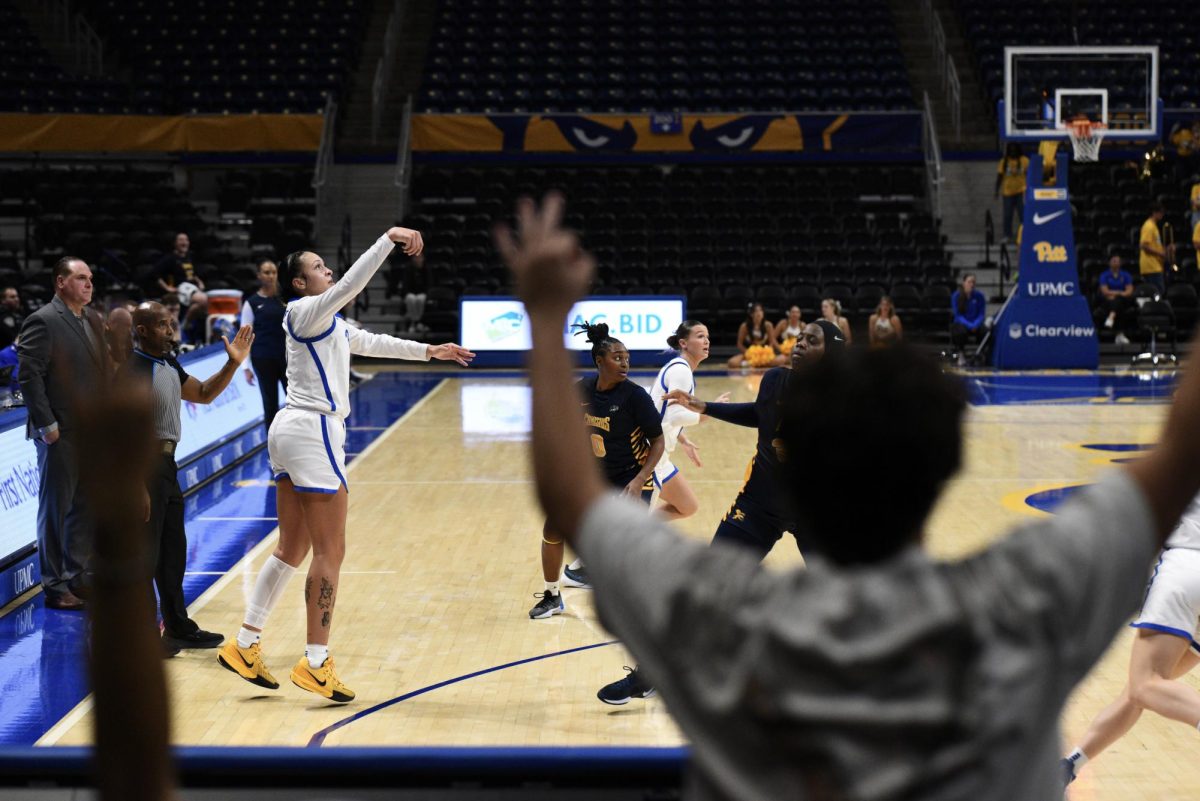 A member of the Pitt women’s basketball team watches her shot during the game against Canisus at the Petersen Events Center on Tuesday, Nov. 5, 2024.