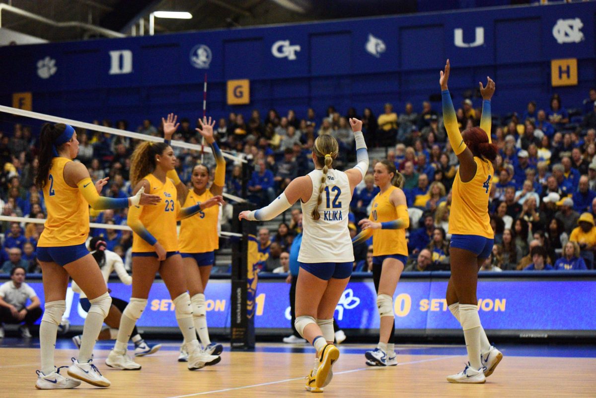 Pitt volleyball celebrates scoring a point against Duke on Sunday, Nov. 10 2024