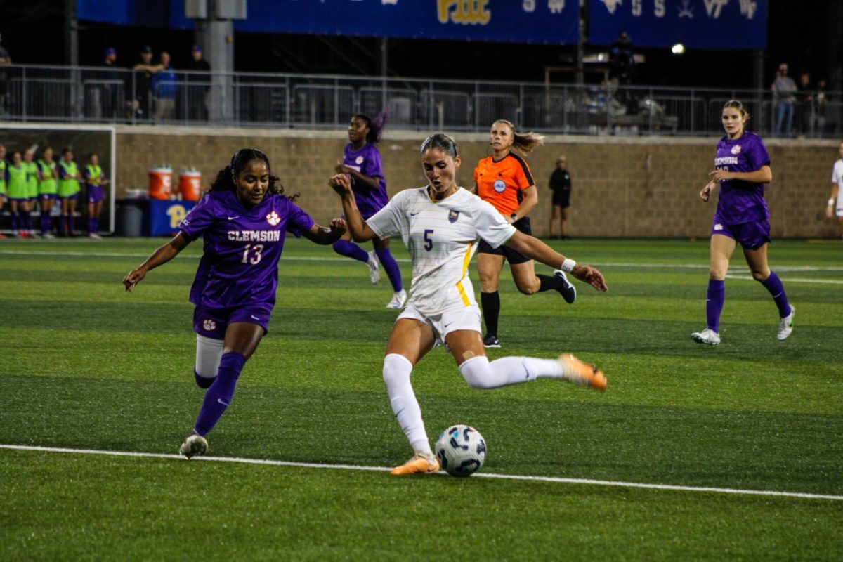 Senior forward Sarah Shupansky (5) prepares to kick the ball at Pitt women’s soccer’s game against Clemson at Ambrose Urbanic Field on Thursday, Oct. 3.
