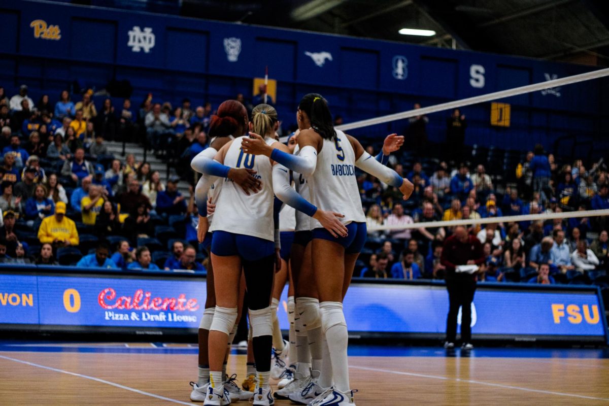 Pitt volleyball huddles during its game against FSU in the Fitzgerald Field House on Friday, Nov. 15.
