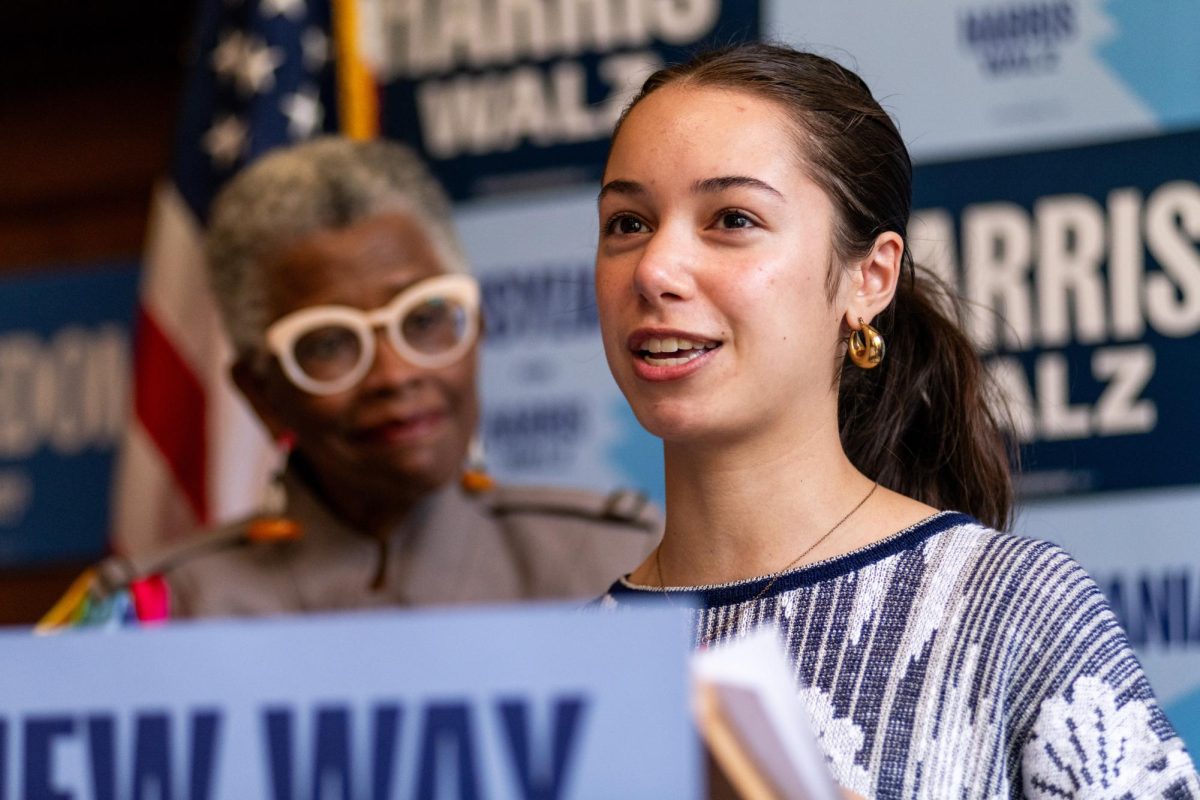 Pitt College Democrats copresident Samantha Podnar speaks at the Allegheny County Democratic Committee office on Wednesday, Oct. 23, 2024.