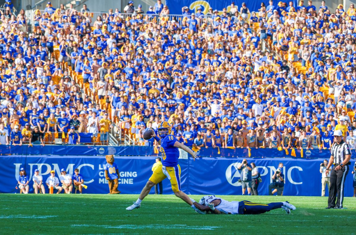 Redshirt first-year quarterback Eli Holstein (10) prepares to throw the football at the Backyard Brawl against West Virginia on Saturday, Sept. 14.