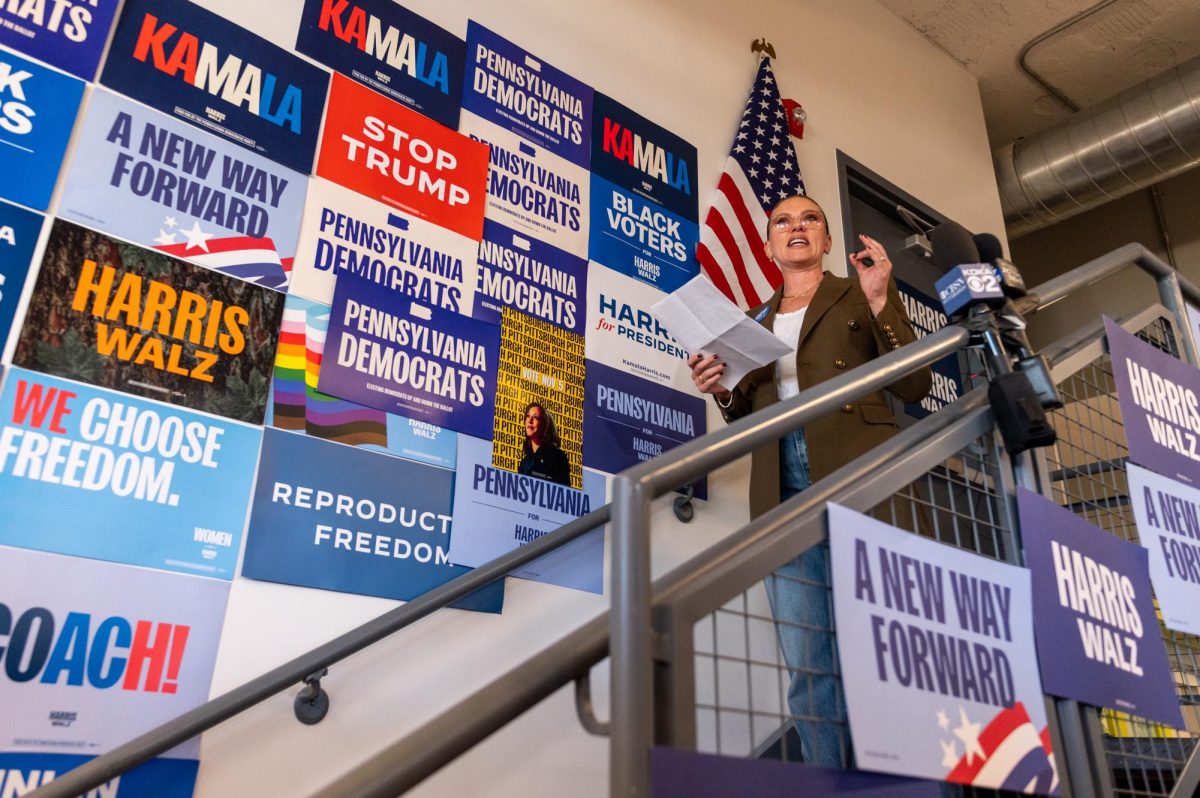 Scarlett Johansson speaks at a Harris-Walz rally for canvassers on Sunday, Nov. 3.